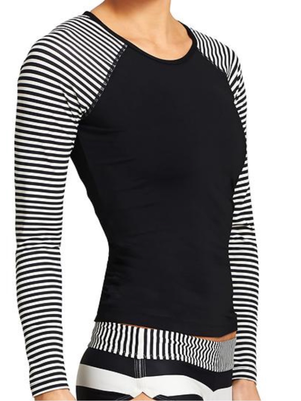 Athleta Pacifica Long Sleeve Rashguard Swim Top, Black/White Striped, Size L